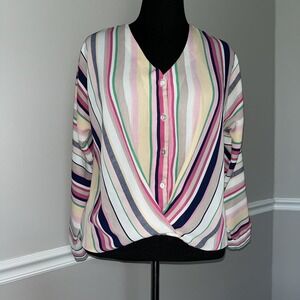 Peck‎ & Peck Multicolor Striped Knit Blouse Size Small Faux Wrap Minimalist Top